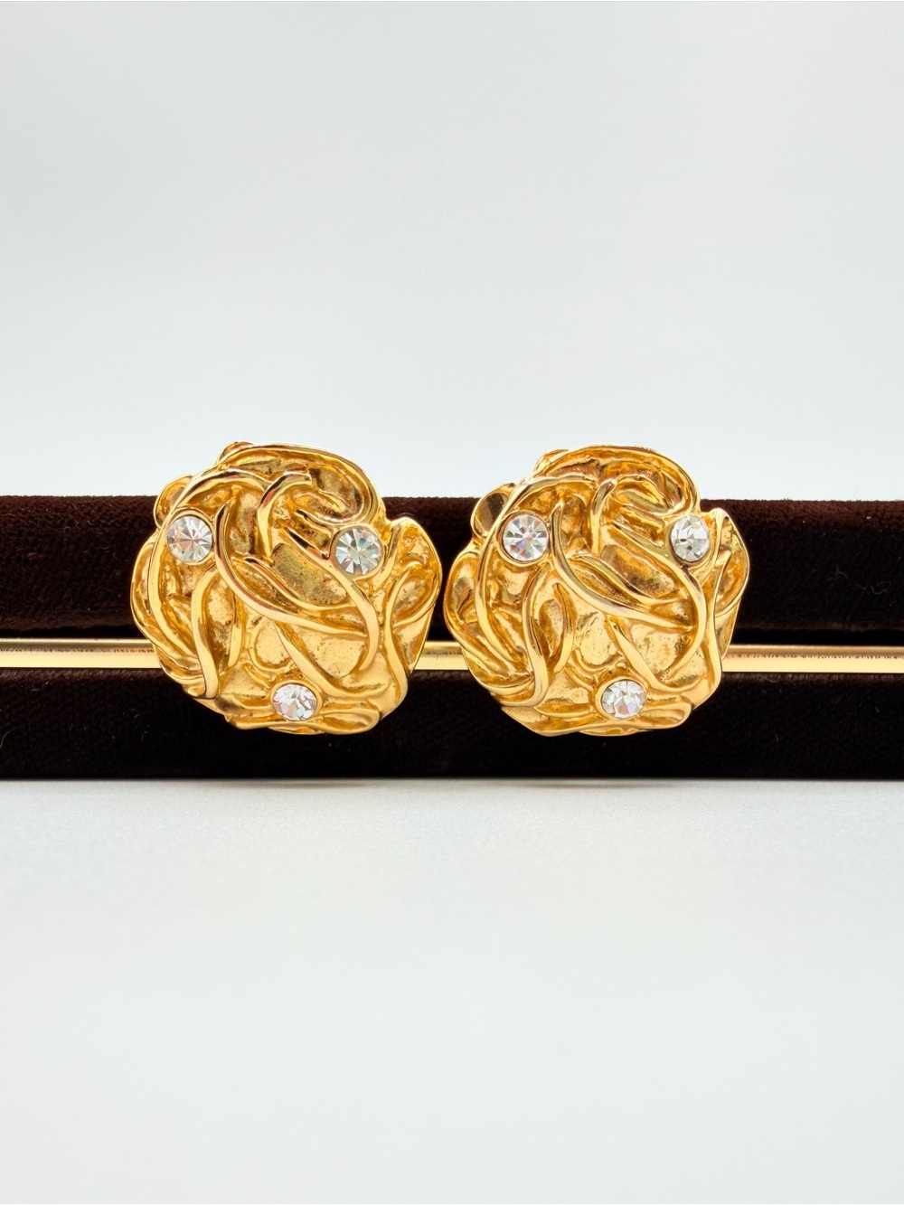 Vintage Gold Tone Rhinestone Swirl Clip-On Earrings